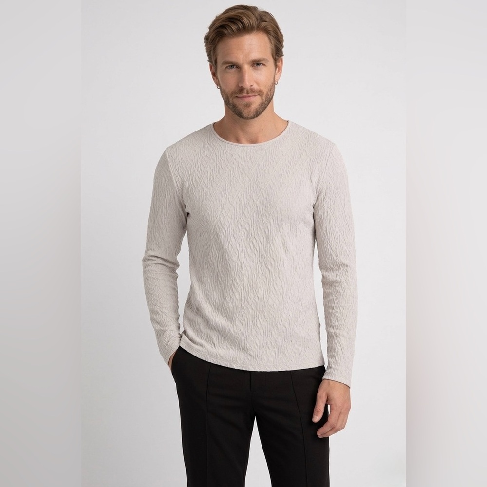 GIORGIO ARMANI Italy Cream Plissé Crinkle Textured Long Sleeve Top Sz EU-50/US-L